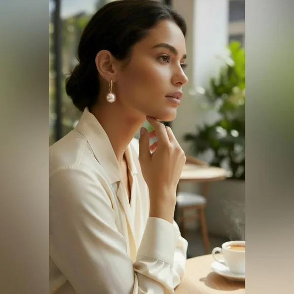 18K Gold Huggie Earrings with Champagne South Sea Pearl Drops 12mm - Picture 1 of 16